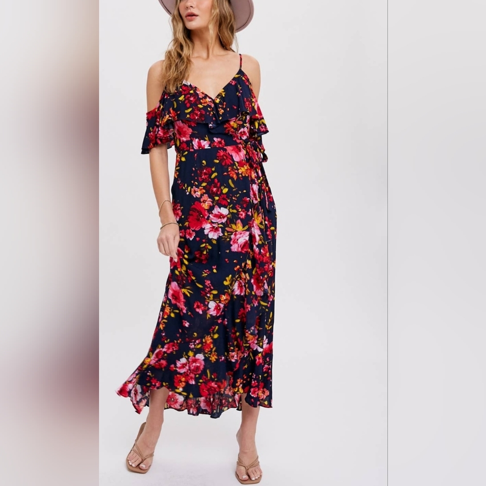 Floral open shoulder wrap maxi